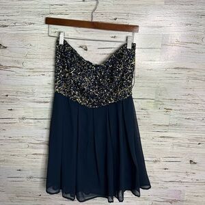 TFNC navy blue strapless sequin party dress ASOS size large gold